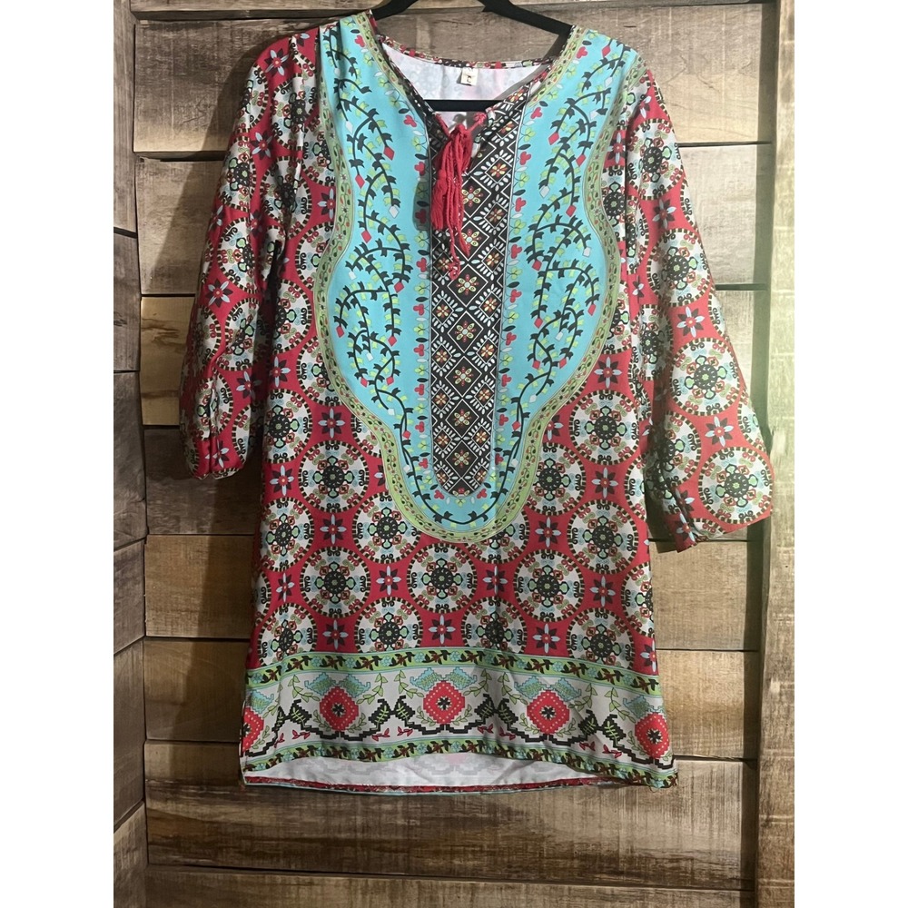 Boho Medallion Print Tunic Top Multi-Color Tassel Tie 3/4 Sleeve Blouse Medium